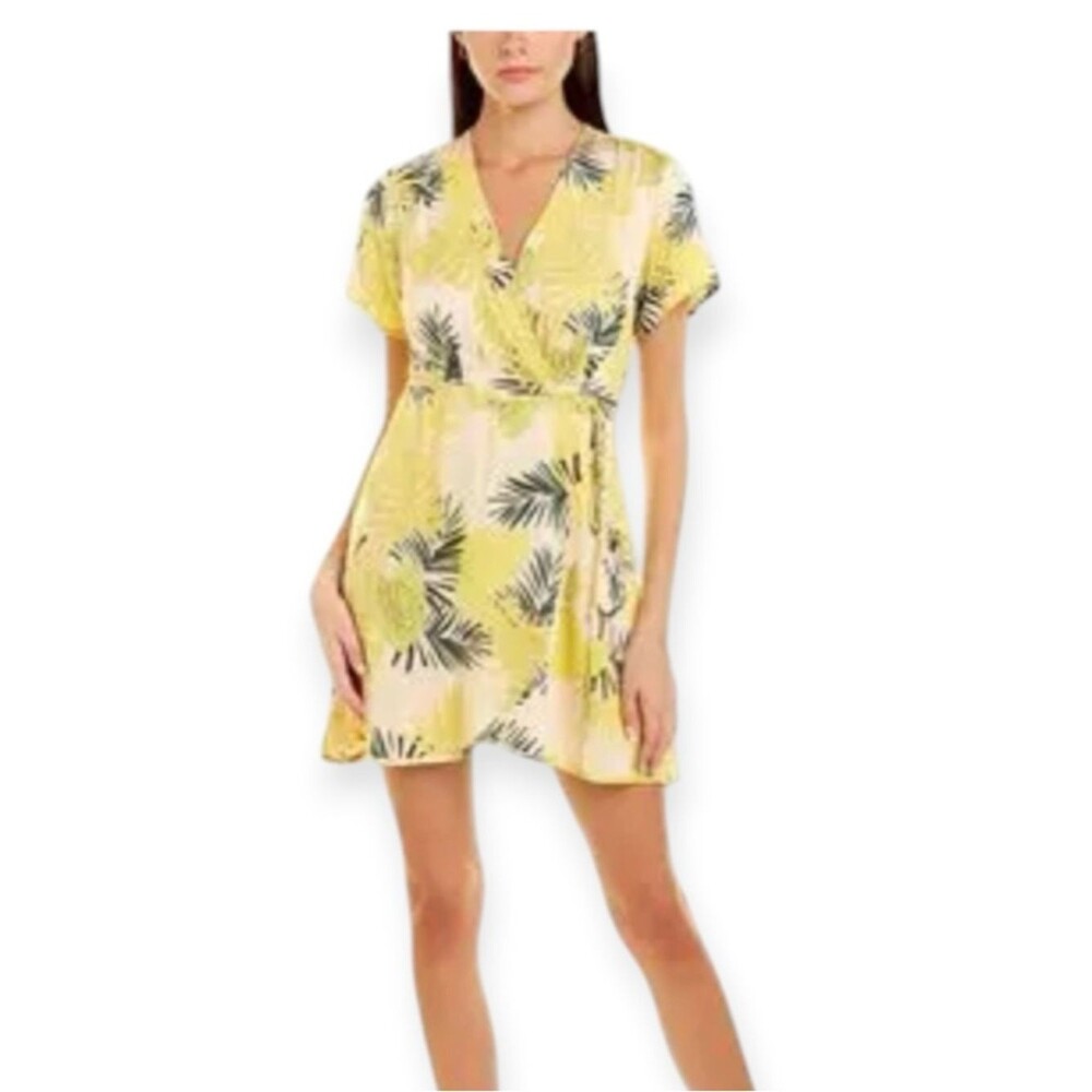 Molly Green Shauna Tropical Yellow/Black Palm Print Wrap Mini Dress Size Small